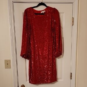Red Sequin Dress with Puff Sleeves